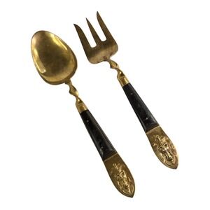 SBF Siam 2 Piece Salad Serving Utensil Set Brass Fork Spoon‎ Horn Handle 11"